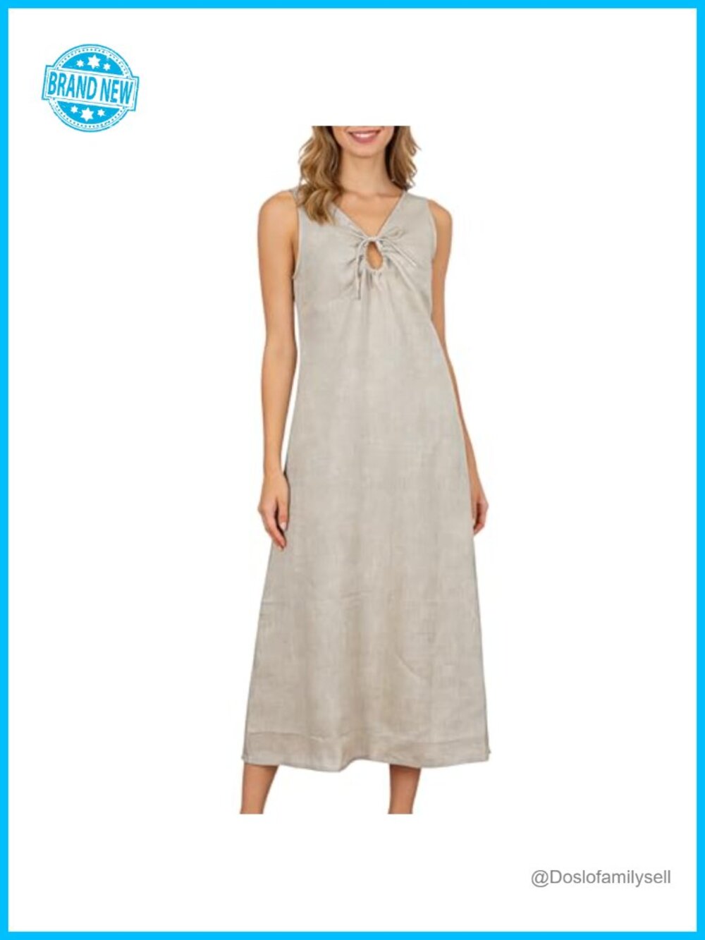 100% Linen Sleeveless V Neck Midi Dress Tie Front Summer Casual A-Line